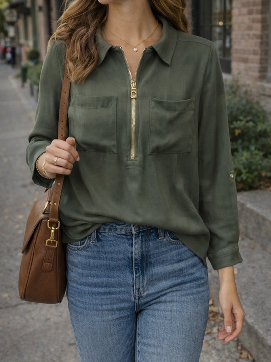 Michael Kors Other - Michael Kors 1X Olive Green Zip Front Blouse ✨ Gold Hardware & Pockets